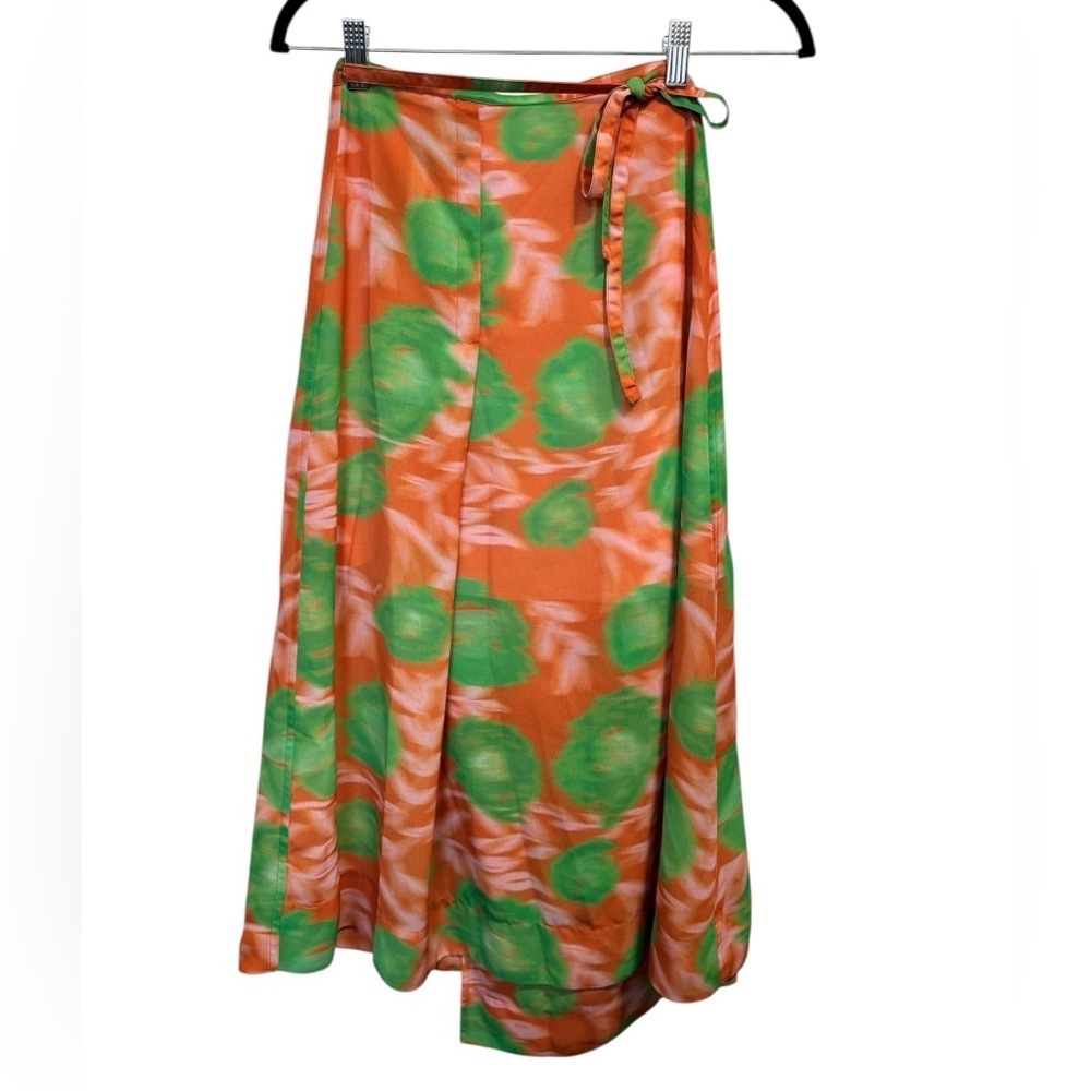 Ganni Printed Midi Length Wrap Skirt Orange - Picture 2 of 10